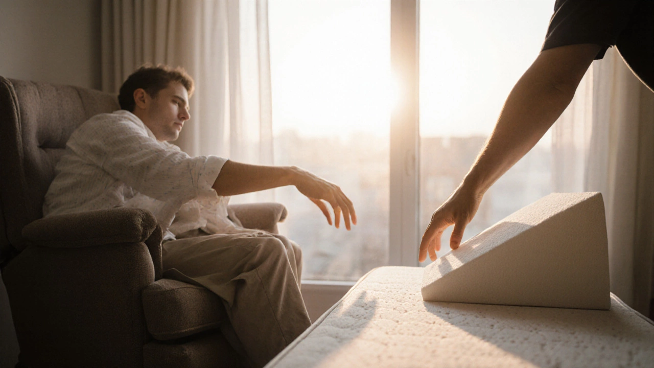 A person moving from a recliner to a supportive bed with a wedge pillow as morning light enters the room.