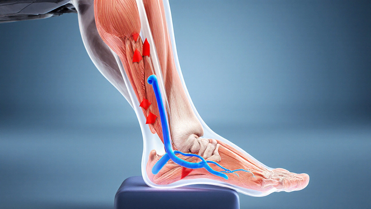Anatomical illustration of a bent leg showing vein compression and muscle pump direction.