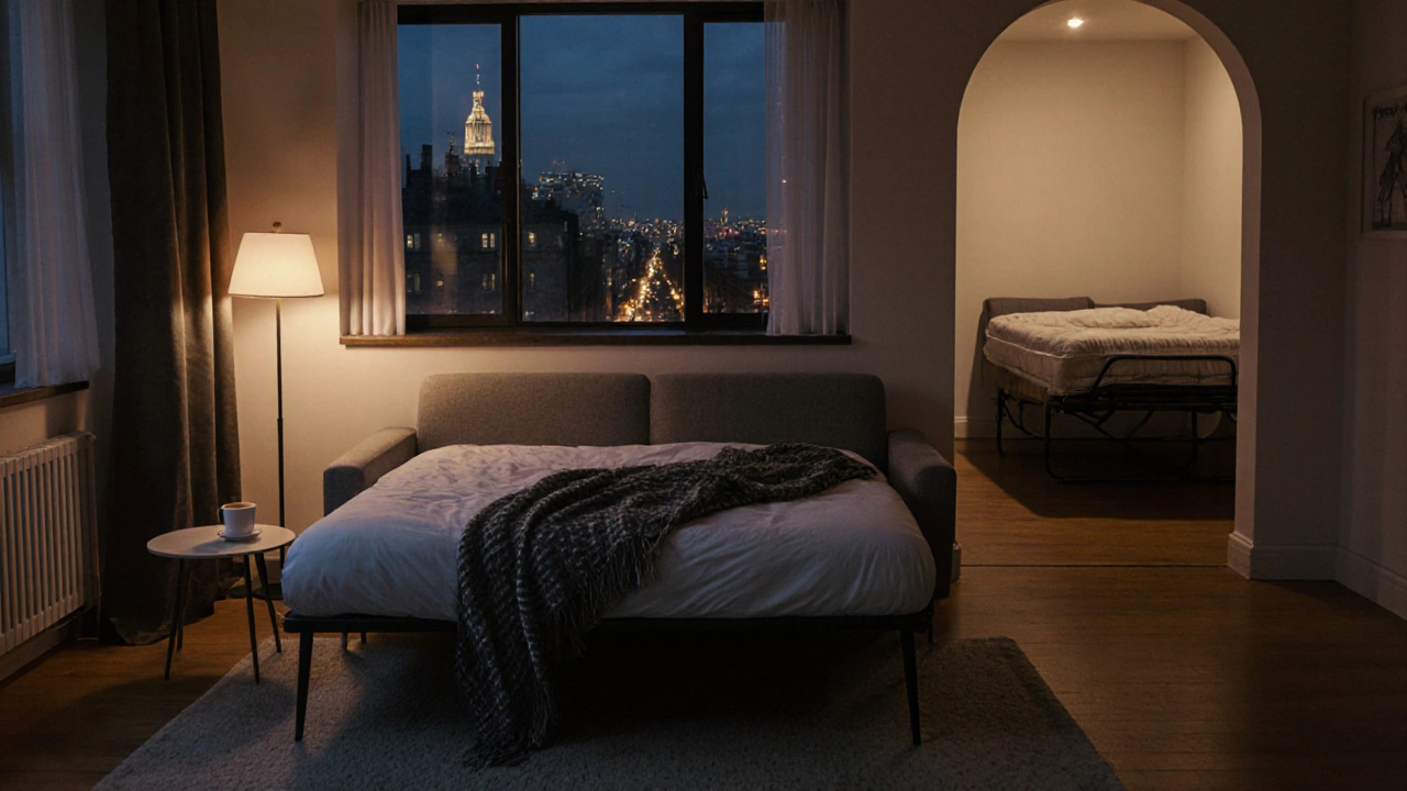 Apartment with a sleeper sofa unfolded as a bed and a sofa bed needing extra space.