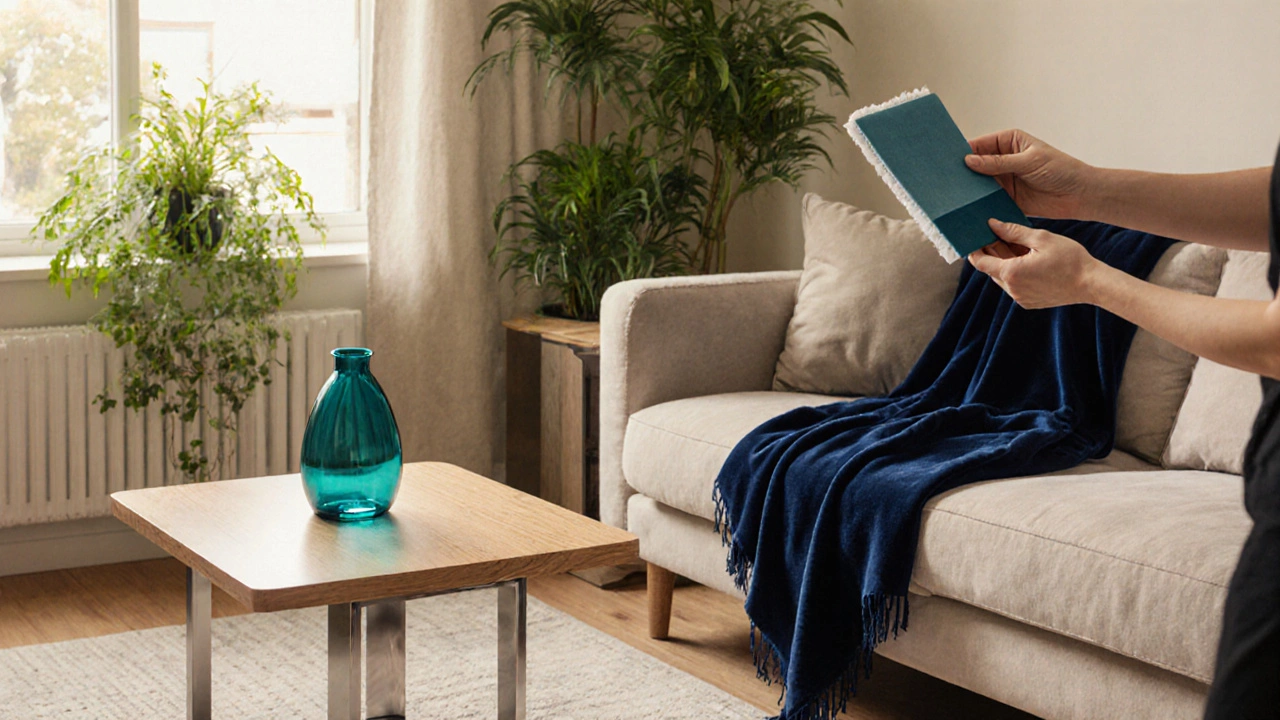Auckland apartment with neutral sofa, navy throw, teal vase, plants, and a swatch.