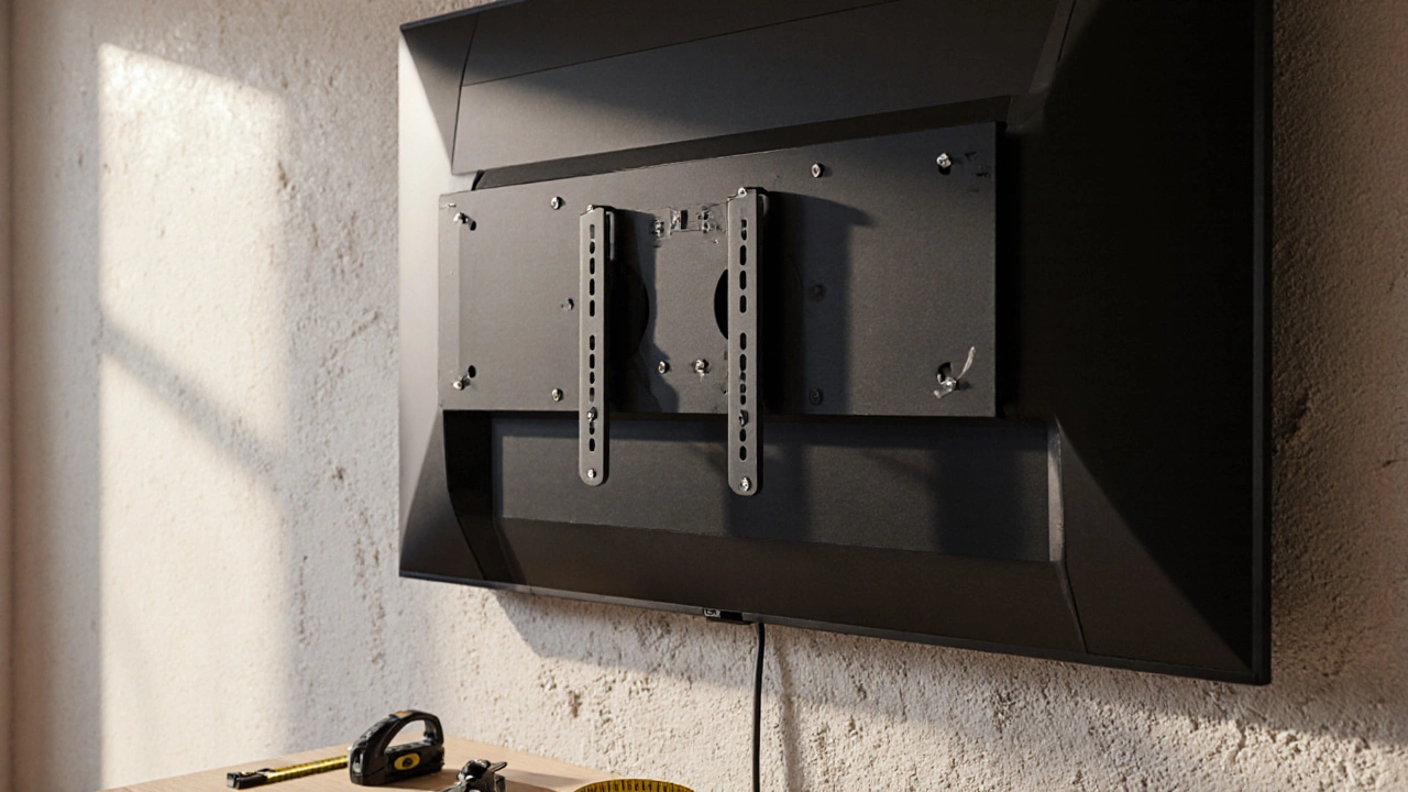 Close-up of 75-inch TV wall mount with visible VESA pattern and tools nearby.