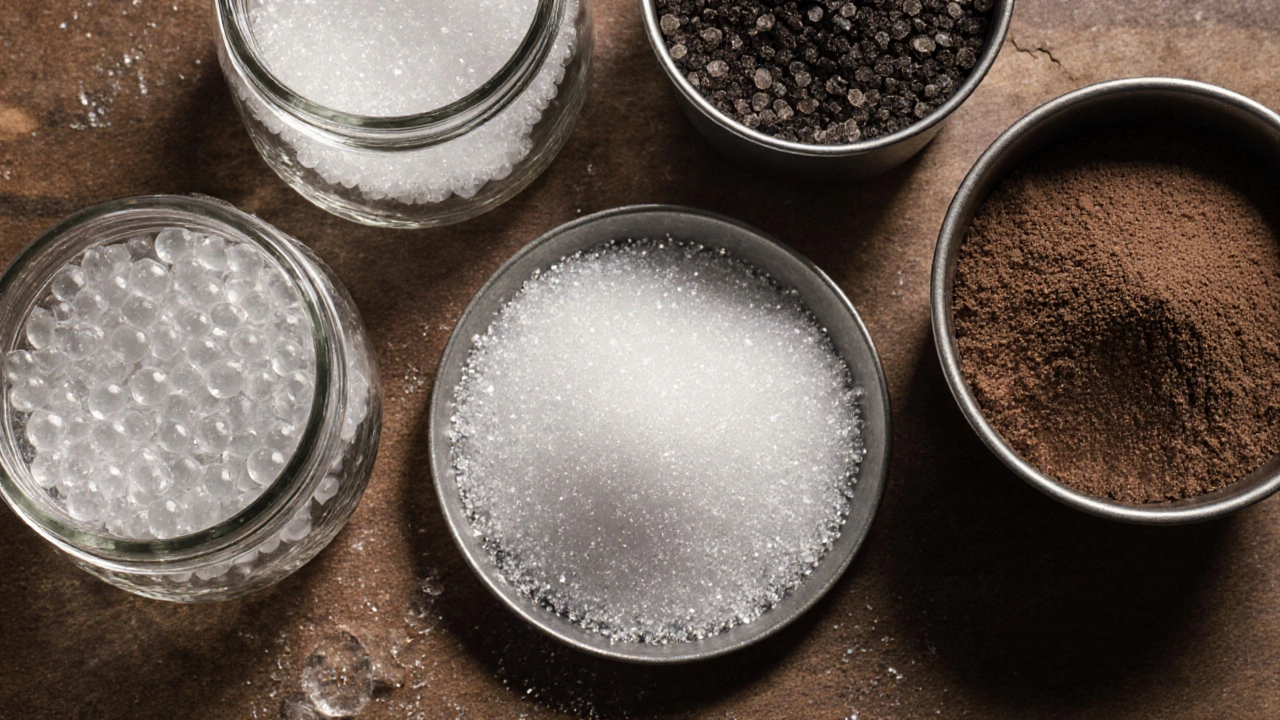 Close‑up of silica gel, calcium chloride, zeolite, and clay samples on a table.