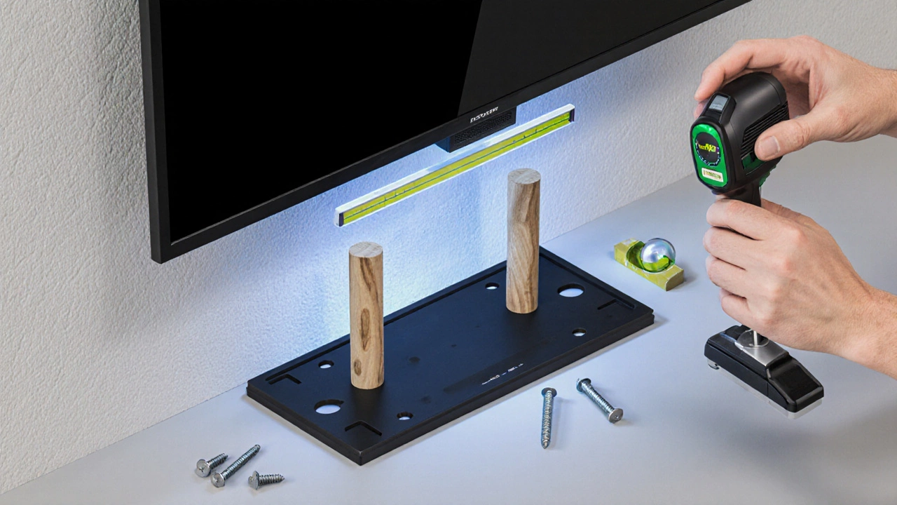 Close‑up of tools and a TV being fixed to a wall mount.