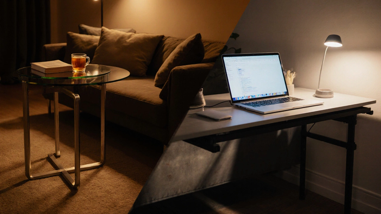 Coffee table used as a coffee spot and as a lift‑top desk in a studio.