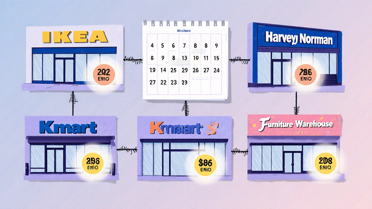 Collage of retailer storefronts each showing a highlighted calendar period for the sale.