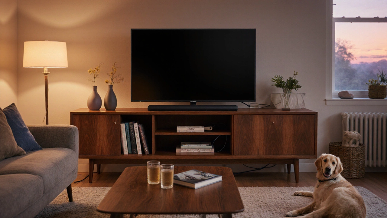 Cozy family room showing a teak TV stand with hidden cables and a dog on the rug.