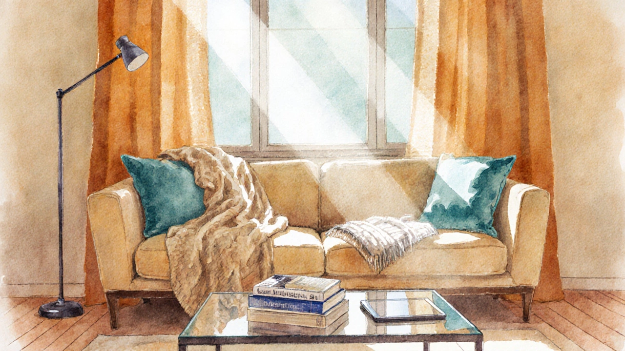 Cozy reading nook by a window with a angled sofa, throw, books, and half‑drawn curtains.