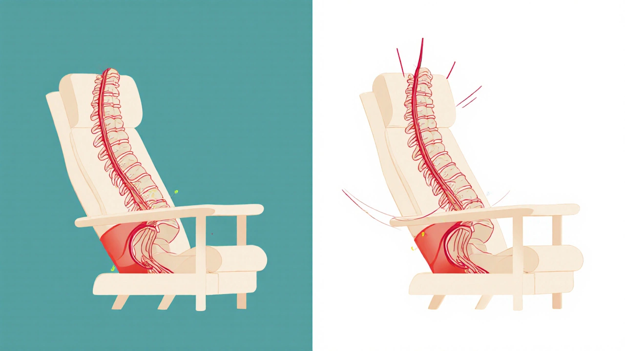 Cross-section diagram of a spine in a recliner showing pressure points versus optimal zero-gravity alignment.