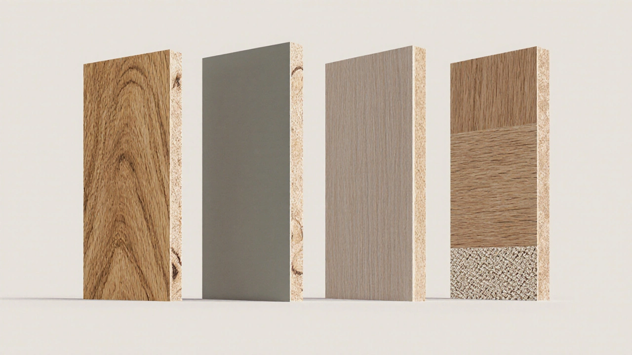 Cutaway view comparing solid wood, MDF, particle board, and engineered veneer materials.