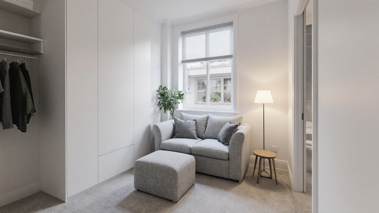 Digital rendering of a small Auckland bedroom with a grey loveseat, storage ottoman, and clear traffic flow.