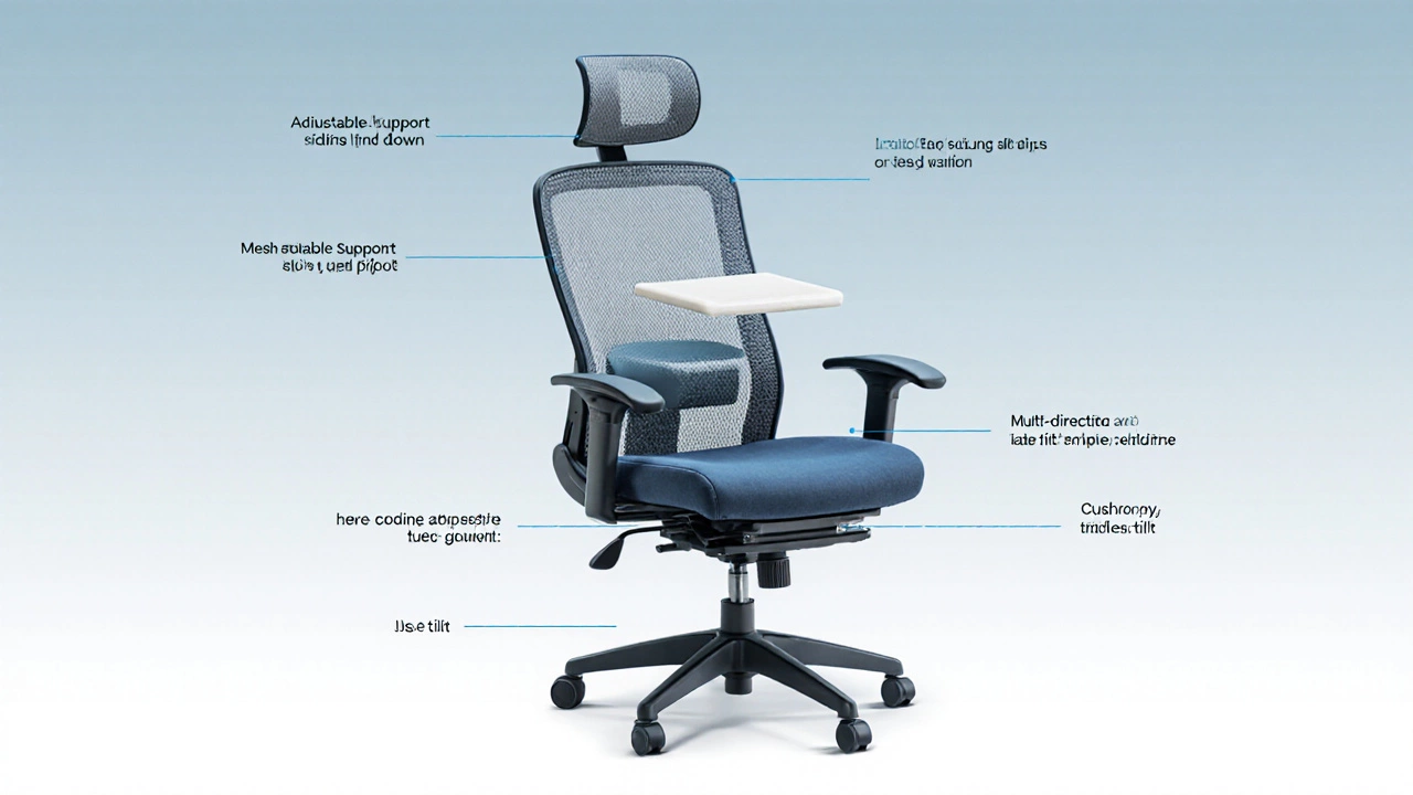 Exploded view of an ergonomic chair showing lumbar, armrest, mesh, and tilt components.