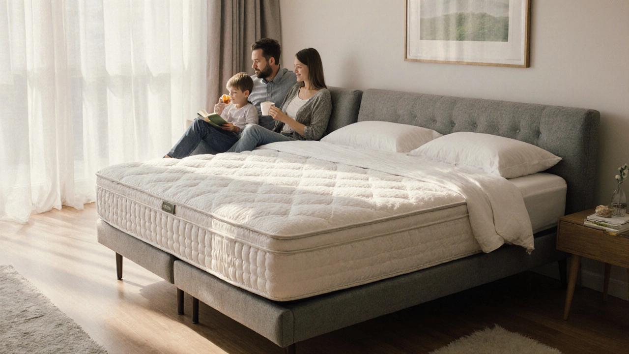 Family enjoying a relaxed morning on an opened sofa bed with soft lighting and cozy linens.