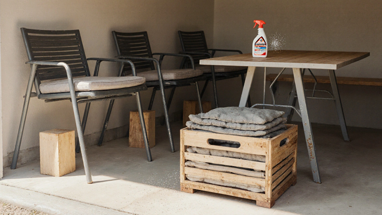 Garage storage with lifted furniture, ventilated crate for cushions, and rust inhibitor spray.