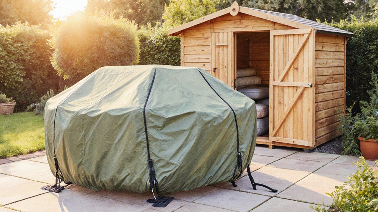 Garden set under a tight breathable cover beside a compact storage shed.