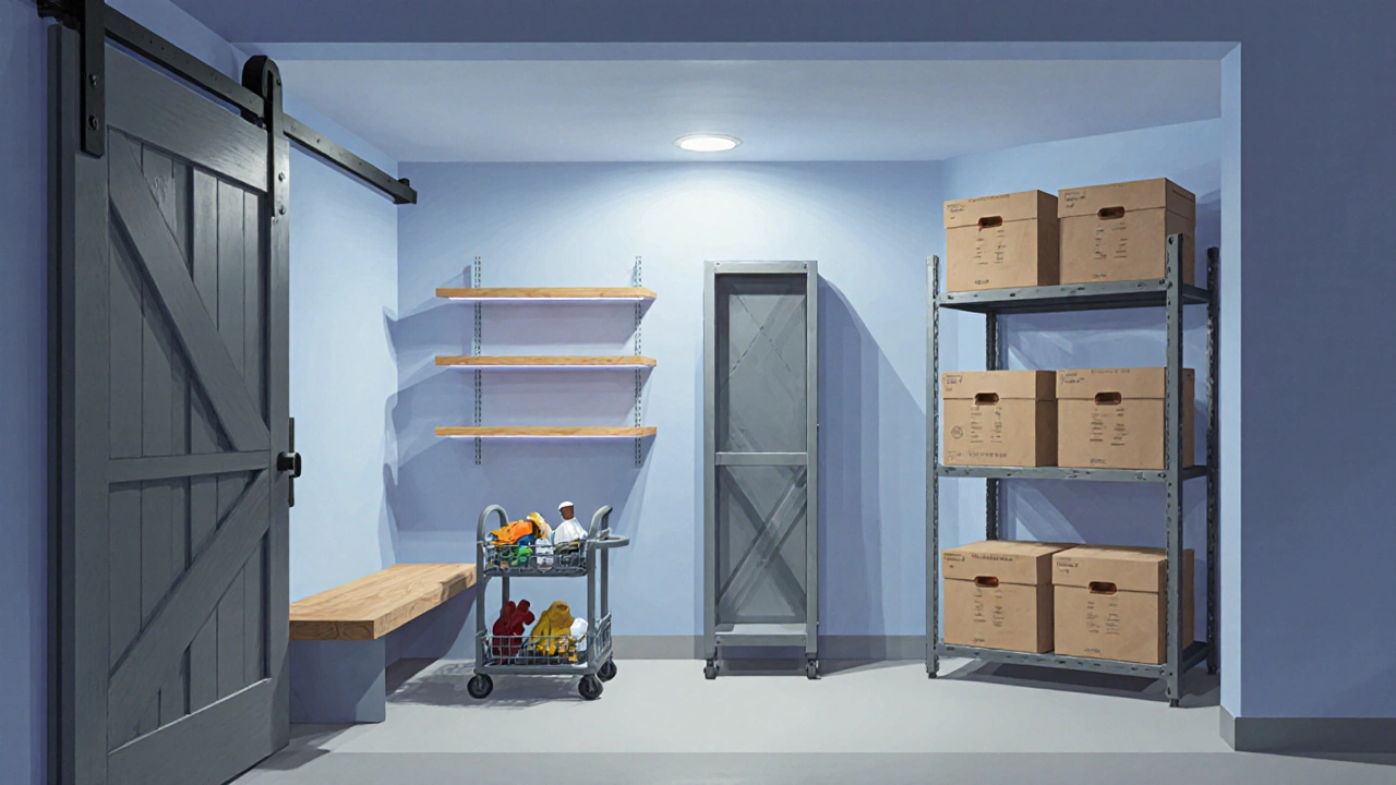 Illustrated storage room showing quick‑grab bench, wall shelves with LED lights, and ceiling racks.