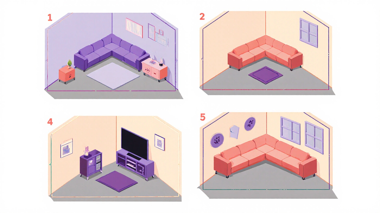 Illustration comparing four corner sofa placement options in a room layout.