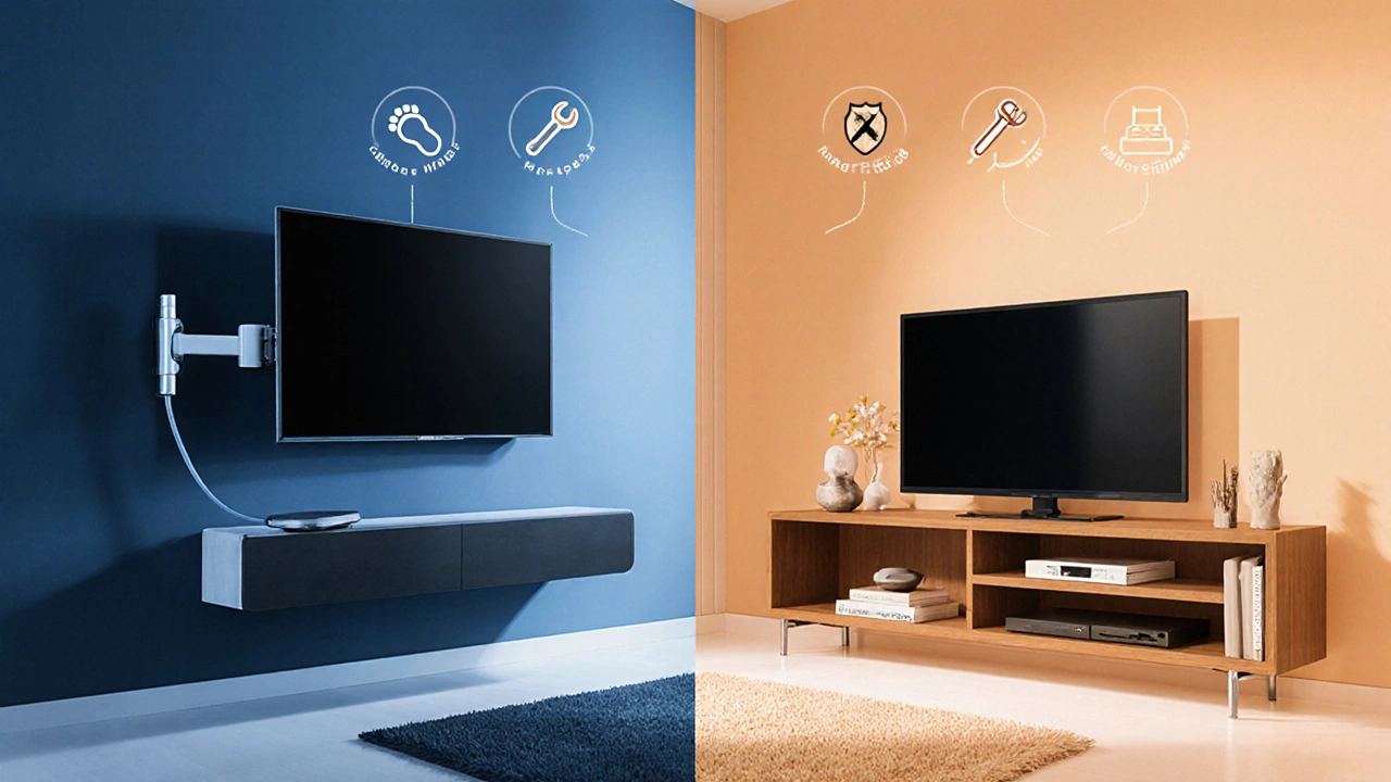 Illustration split showing wall‑mounted TV on one side and TV stand on the other.