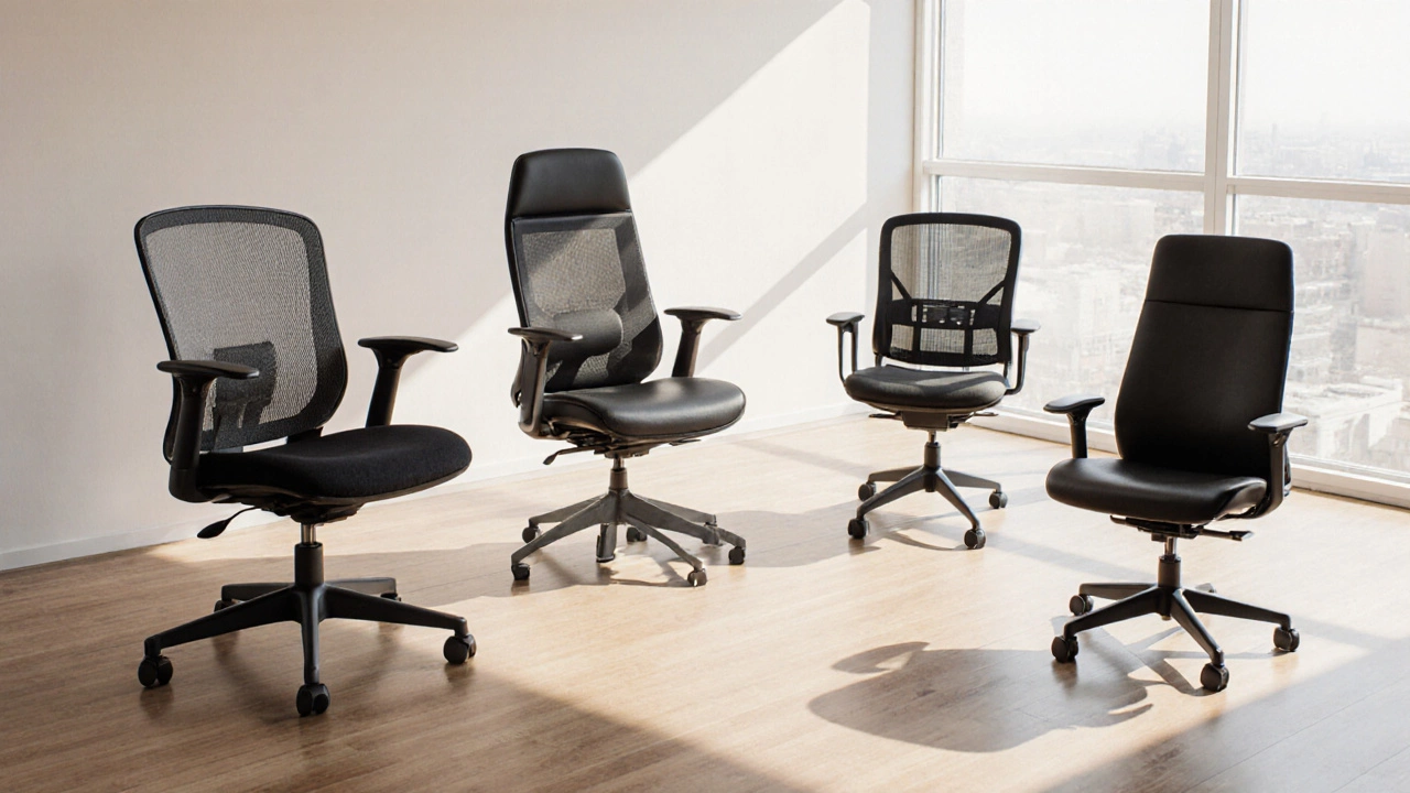 Isometric lineup of five ergonomic chairs displayed on a wooden floor in a bright office.