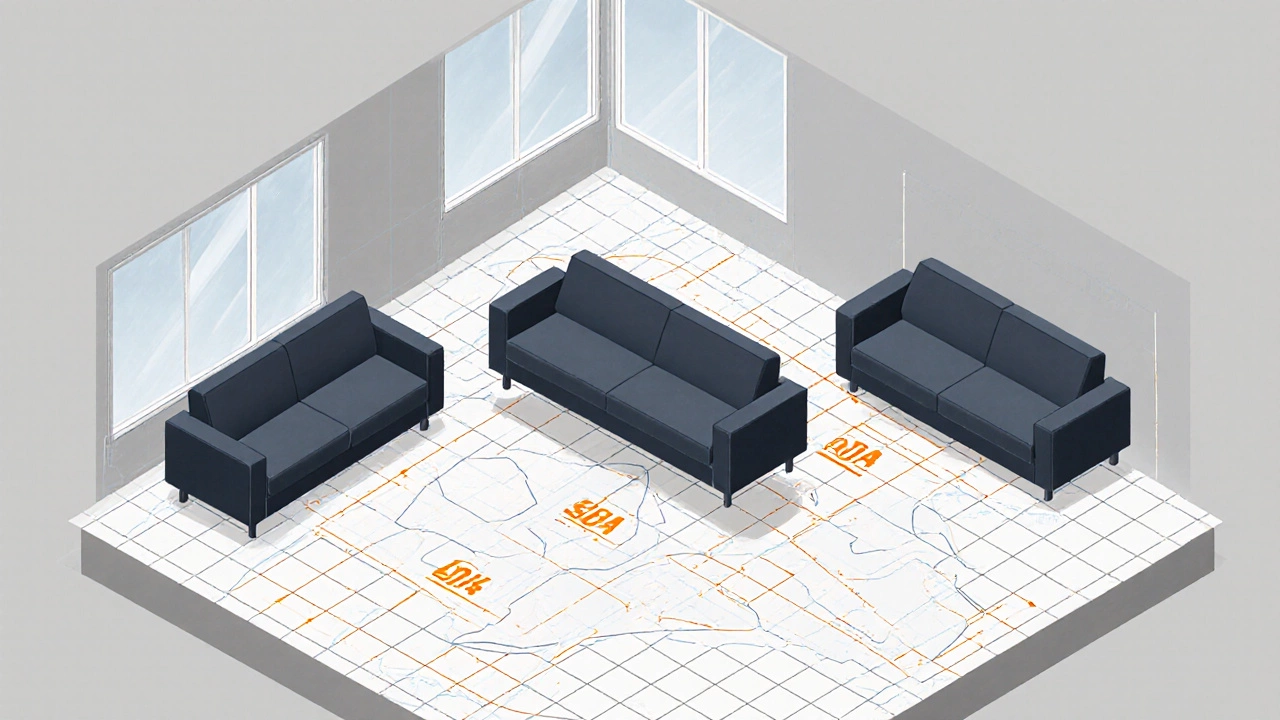 Isometric room layout showing three couch arrangement options with measurements.