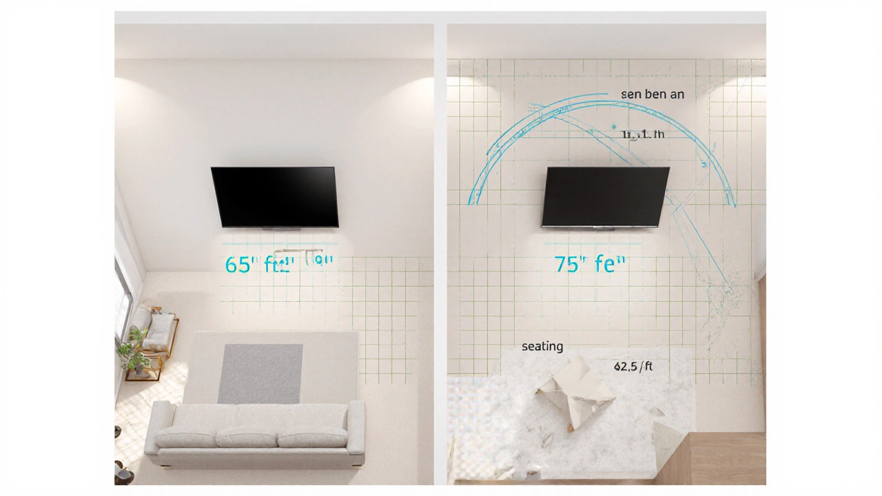 Living room floor plan with optimal viewing distances marked for two TV sizes.