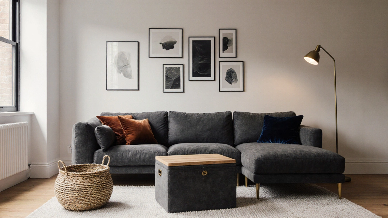 Modern living room with corner sofa, woven basket, velvet pillows, and vertical art gallery under soft ambient light.