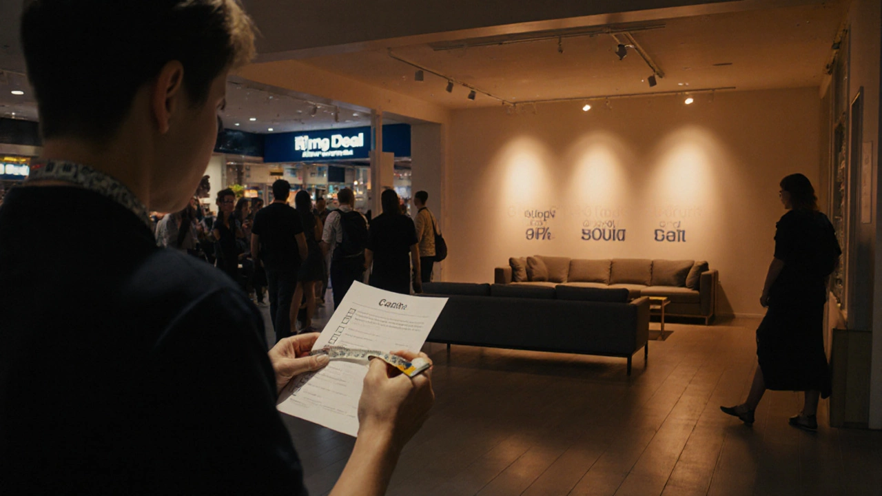 Night scene in an Auckland store with a shopper holding a tape measure and a checklist.