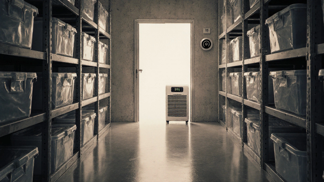 Organized dry storage unit with sealed bins, dehumidifier, and hygrometer reading low humidity.