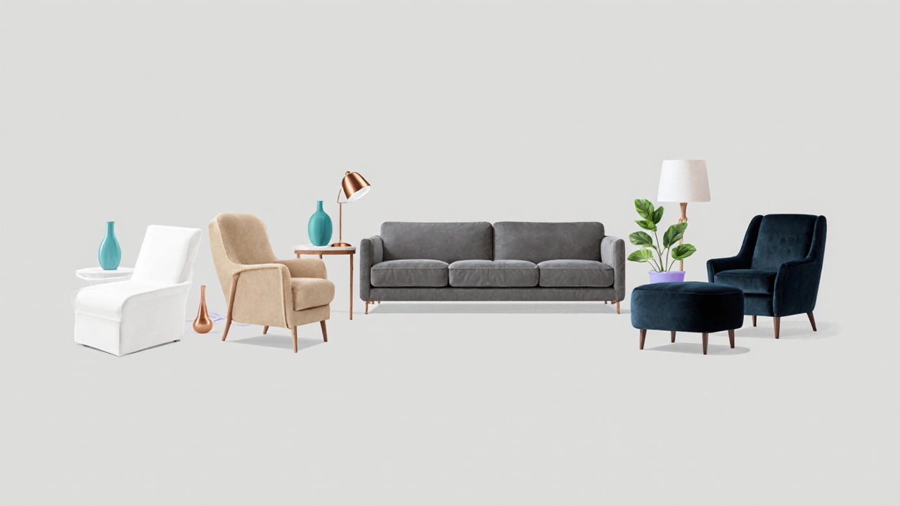 Row of furniture pieces in white, beige, gray, black, and navy tones.