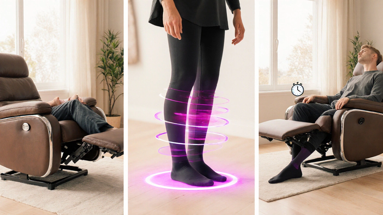 Series of safe recliner use: adjusting footrest, ankle exercises, and sitting with compression socks.