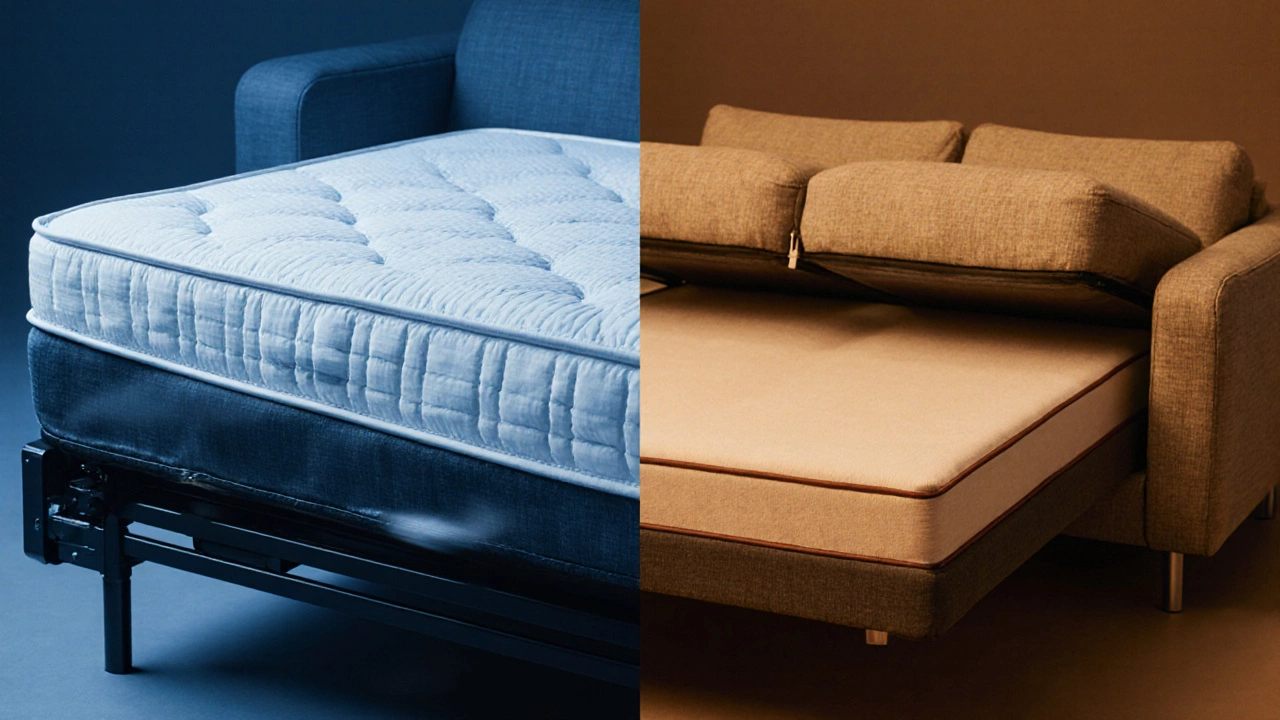 Split view of a pull‑out mattress on rails and a fold‑down sleeper sofa mechanism.
