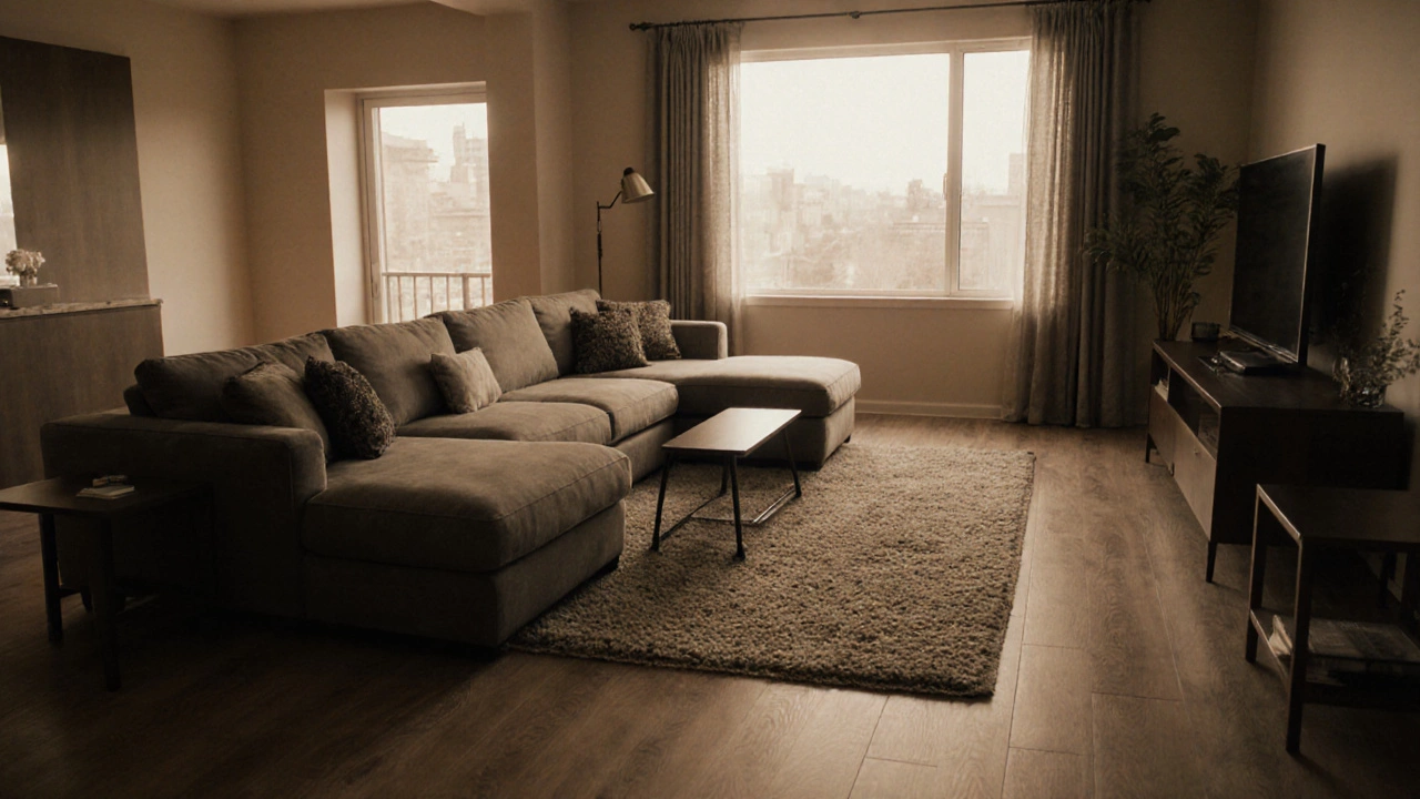 Styled living room with corner sofa, rug, side tables, and TV showing proper clearances.