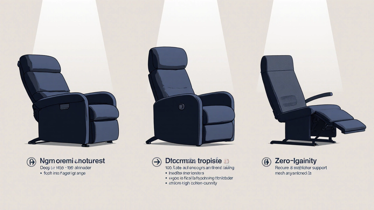 Three recliners displayed: standard, ergonomic with lumbar support, and zero‑gravity tilt, highlighting design features.