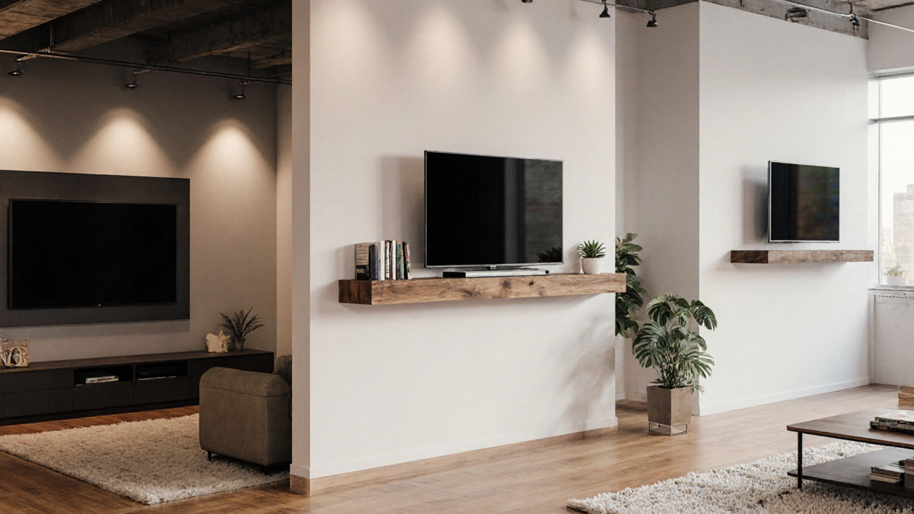 Three TV mounting alternatives: ceiling mount, floating shelf, and furniture riser.