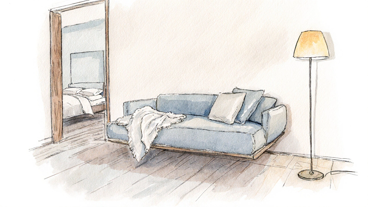 Watercolor bedroom showing a floating couch, coordinated textiles, and a floor lamp creating a reading nook.