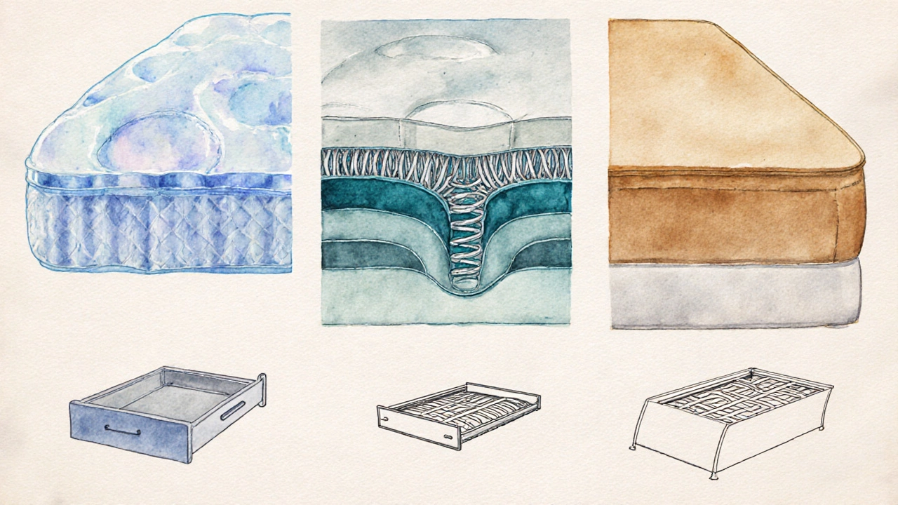 Watercolor illustration of three mattress types and their sofa‑bed mechanisms in separate panels.