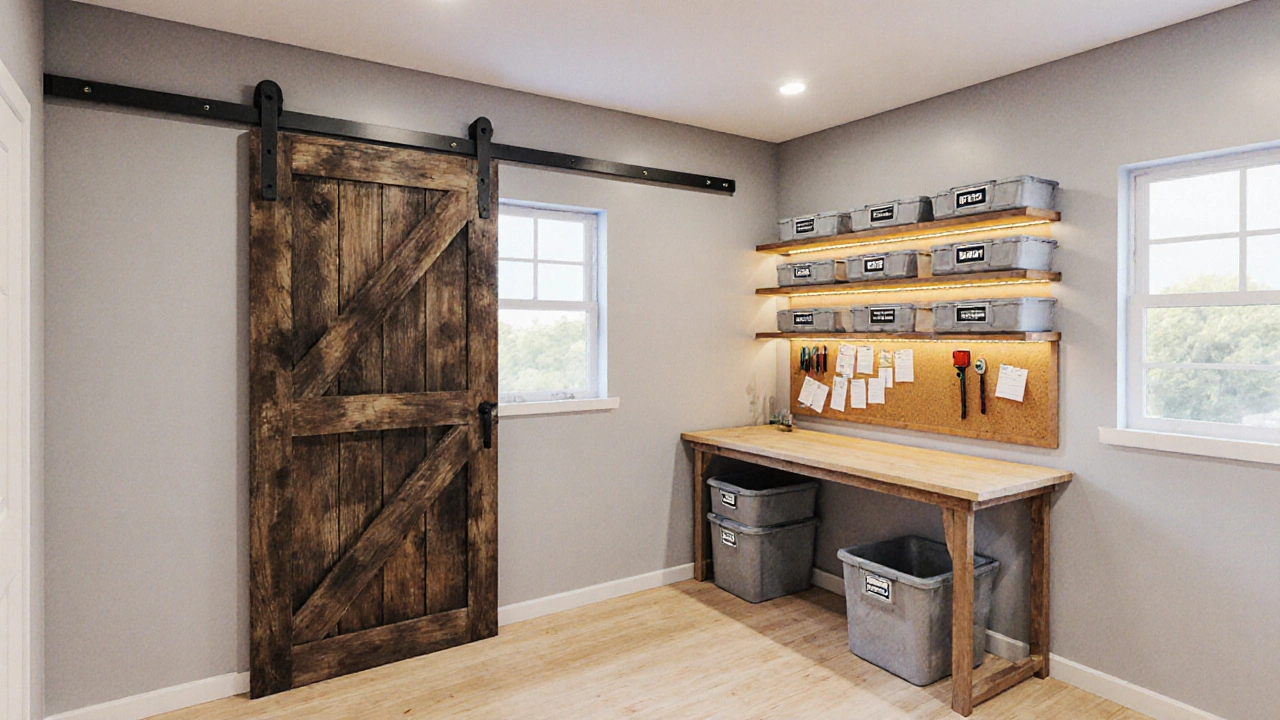 Watercolor rendering of a finished storage room with sliding barn door, shelves, workbench, and cork board.