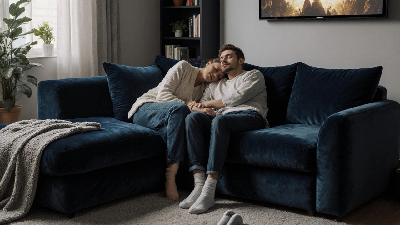 A couple snuggling together on a cuddle sofa bed during a movie night.