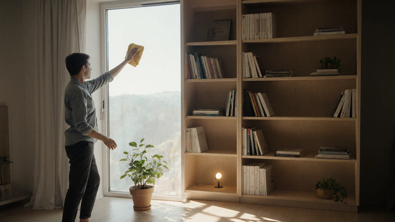 A sliding bookcase pulled forward as someone cleans a window, with light filtering through its open back.