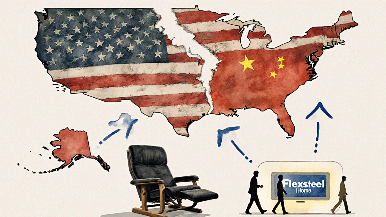 A symbolic watercolor of a fragmented American flag made from recliner fabric, pointing to overseas production.