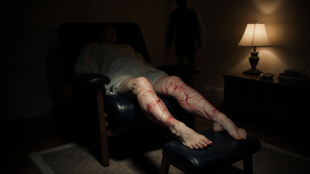 Abstract legs in recliner with glowing veins showing blood pooling