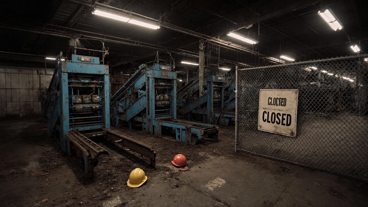 An abandoned Flexsteel factory at dusk with machinery rusting and signs of closure.