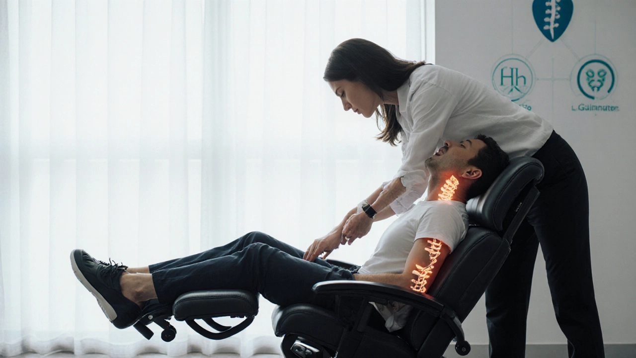 Chiropractor assisting patient in a zero-gravity recliner with legs elevated and spine supported.
