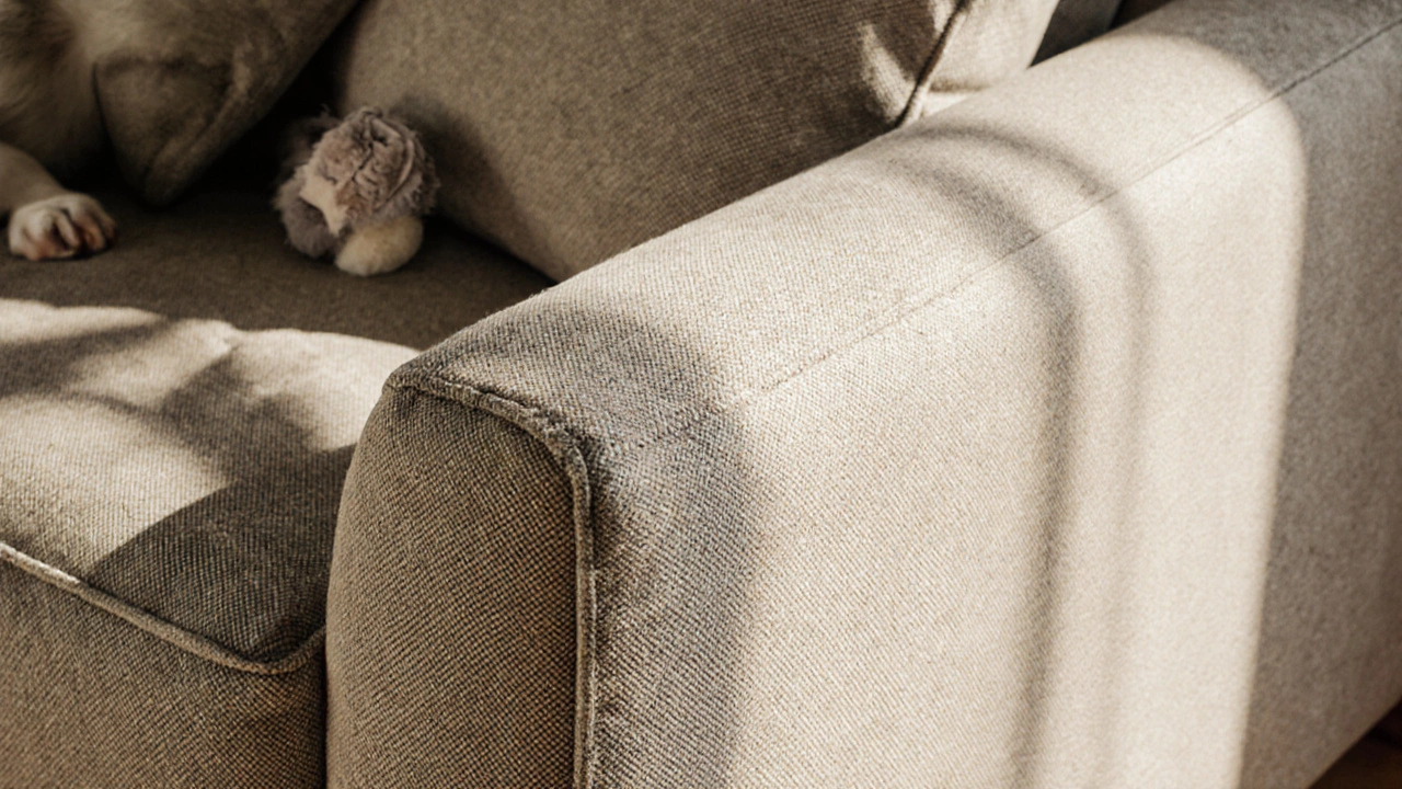 Close-up of a high-quality cuddle sofa’s fabric and cushion construction with a pet’s paw resting on it.