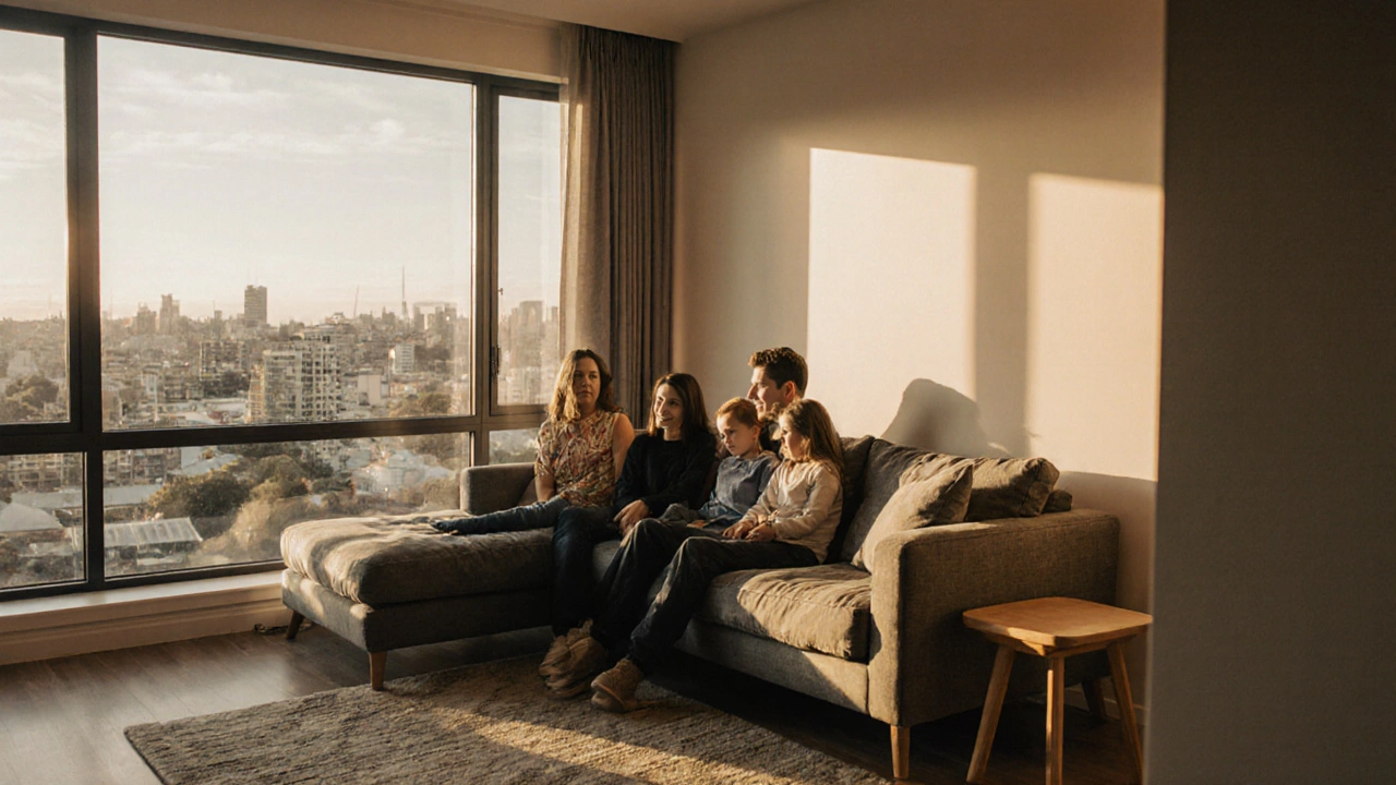 Family relaxing on a corner sofa with chaise facing a window in a cozy living room.