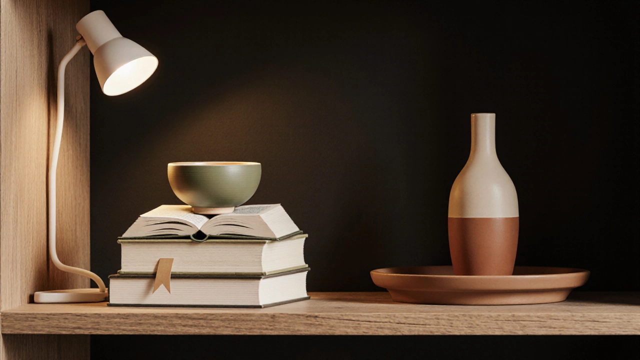 Minimalist bookshelf with books as risers, a ceramic bowl, and a vintage compass, illuminated by warm ambient light.