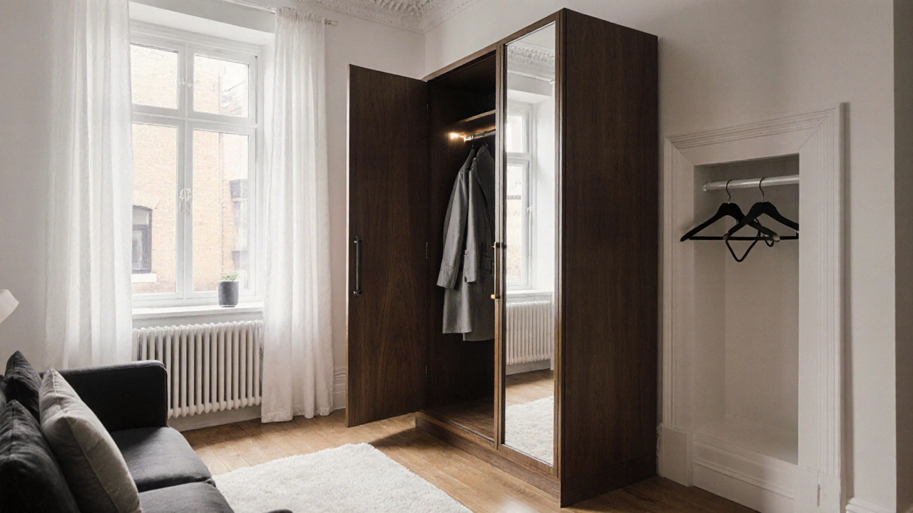 Modern freestanding wardrobe beside a small built-in closet in a British living room.