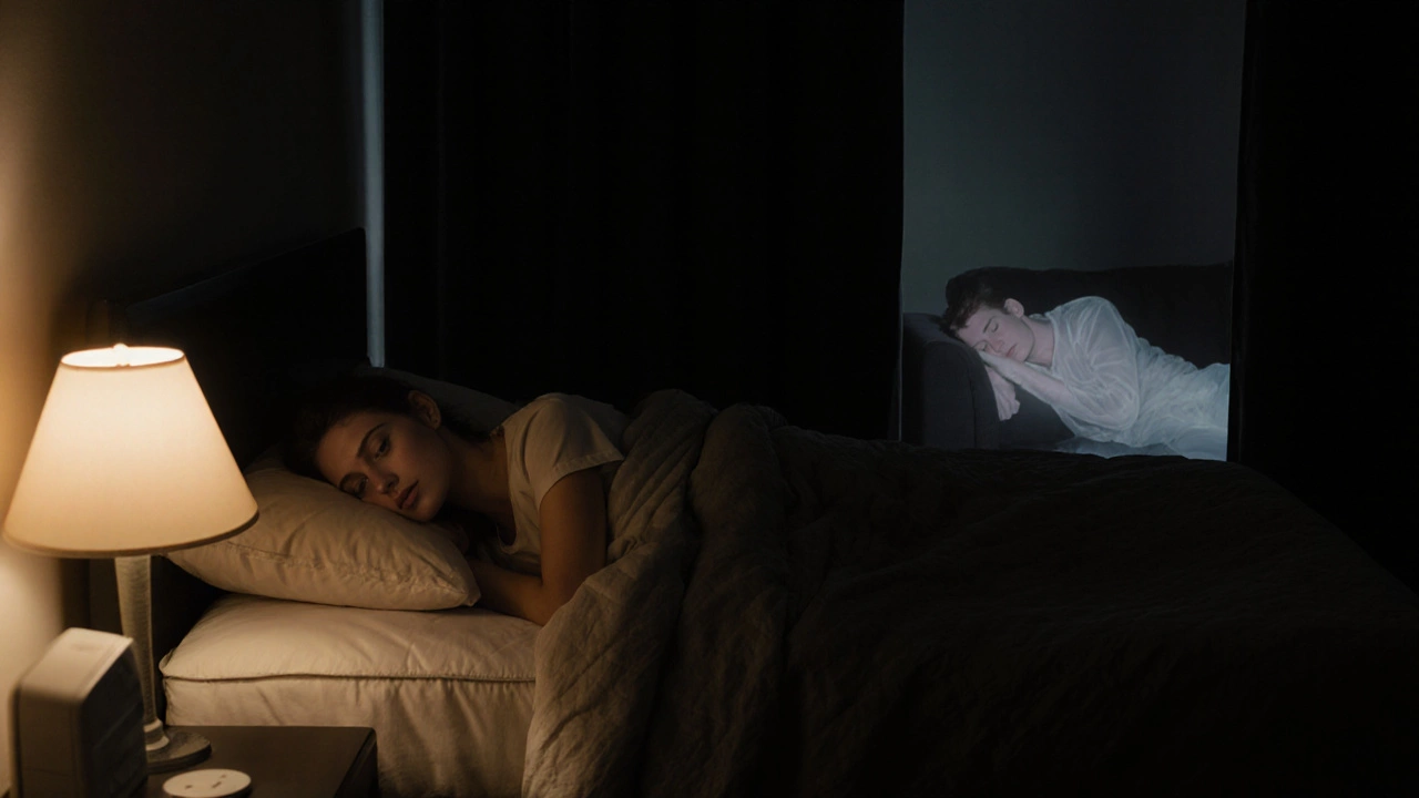Peaceful bedroom sleep scene with a faint ghost image of someone sleeping poorly on a couch.