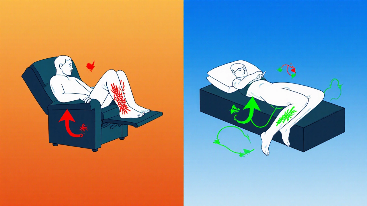 Side-by-side of poor vs. proper leg positioning for circulation