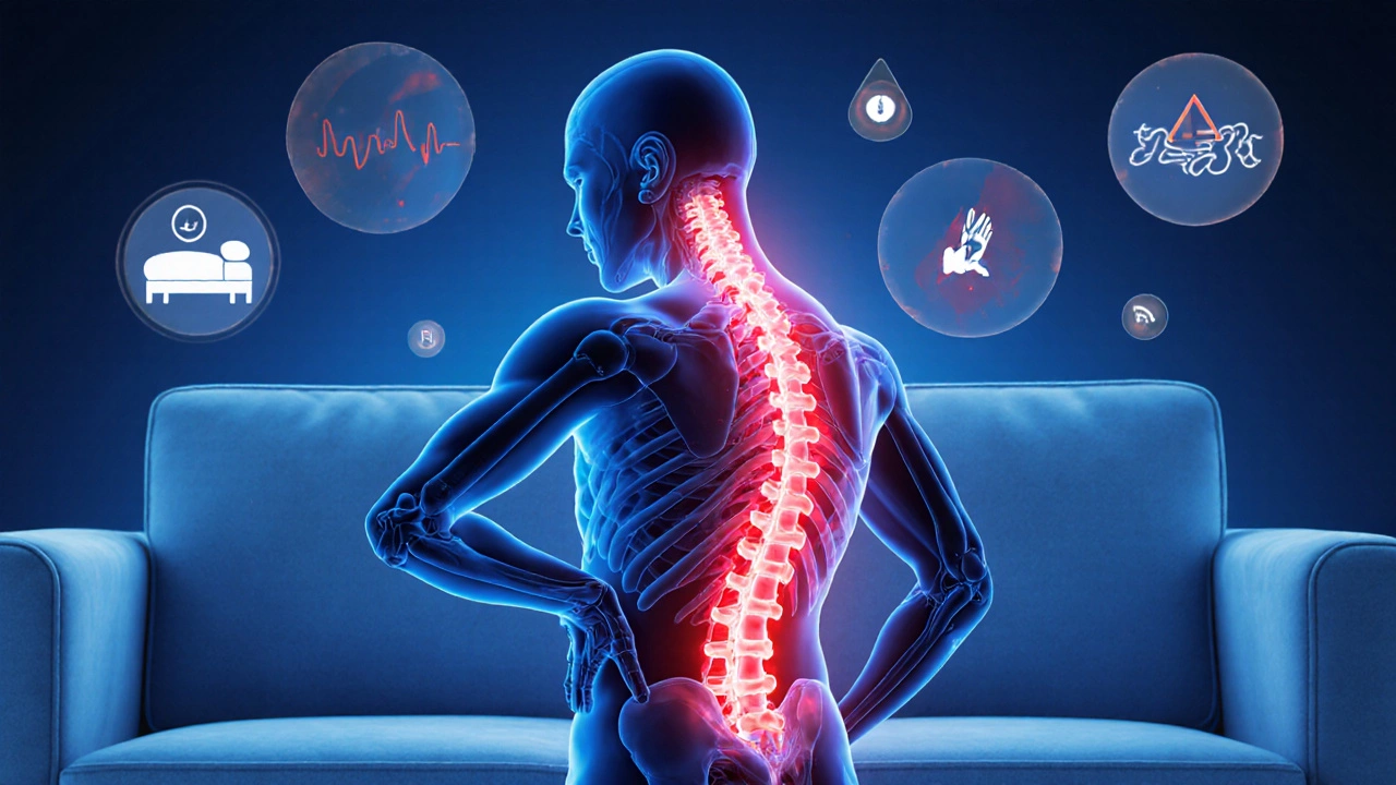 Surreal illustration of a distorted spine over a sofa with pressure points glowing red.