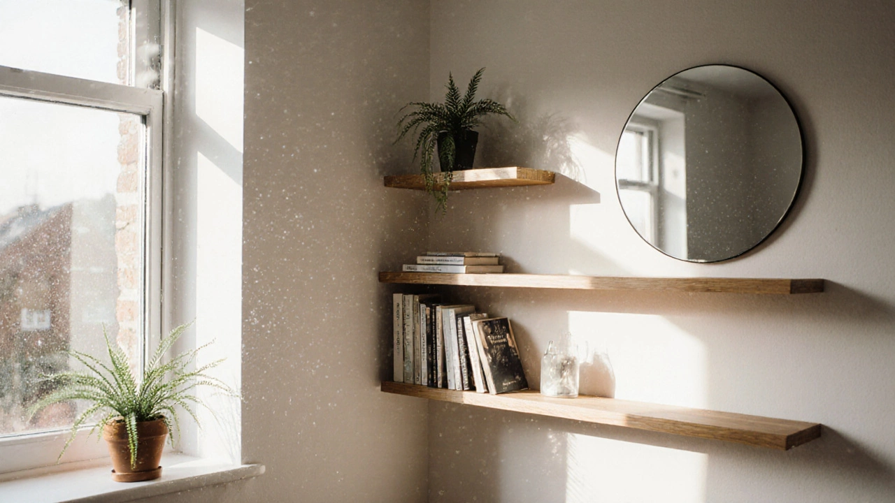 Three floating shelves beside a sunlit window with books and ferns, filling the room with natural light.
